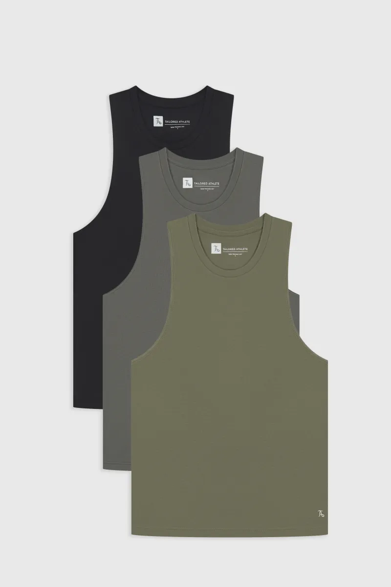 3 Pack Essential Training Tank Top in Black/ Khaki/ Charcoal