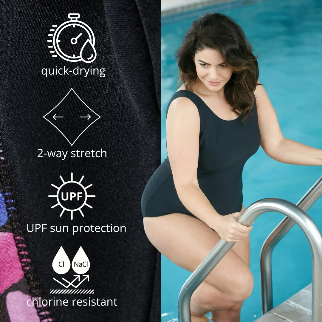 AquaSport Color Block Swim Tee Floral Elegance Print Black