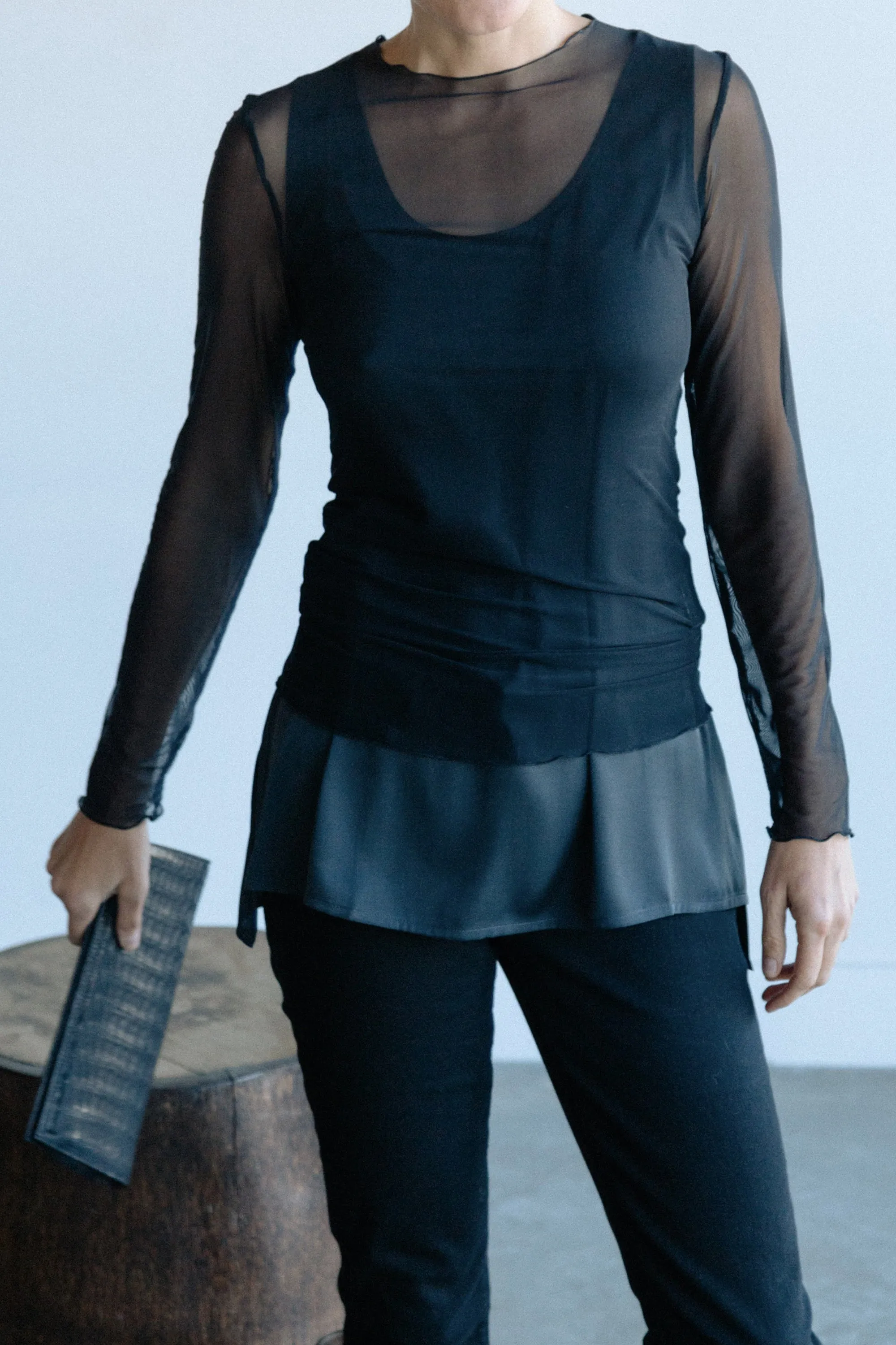 BLACK MESH LONG SLEEVE HIGH CREWNECK