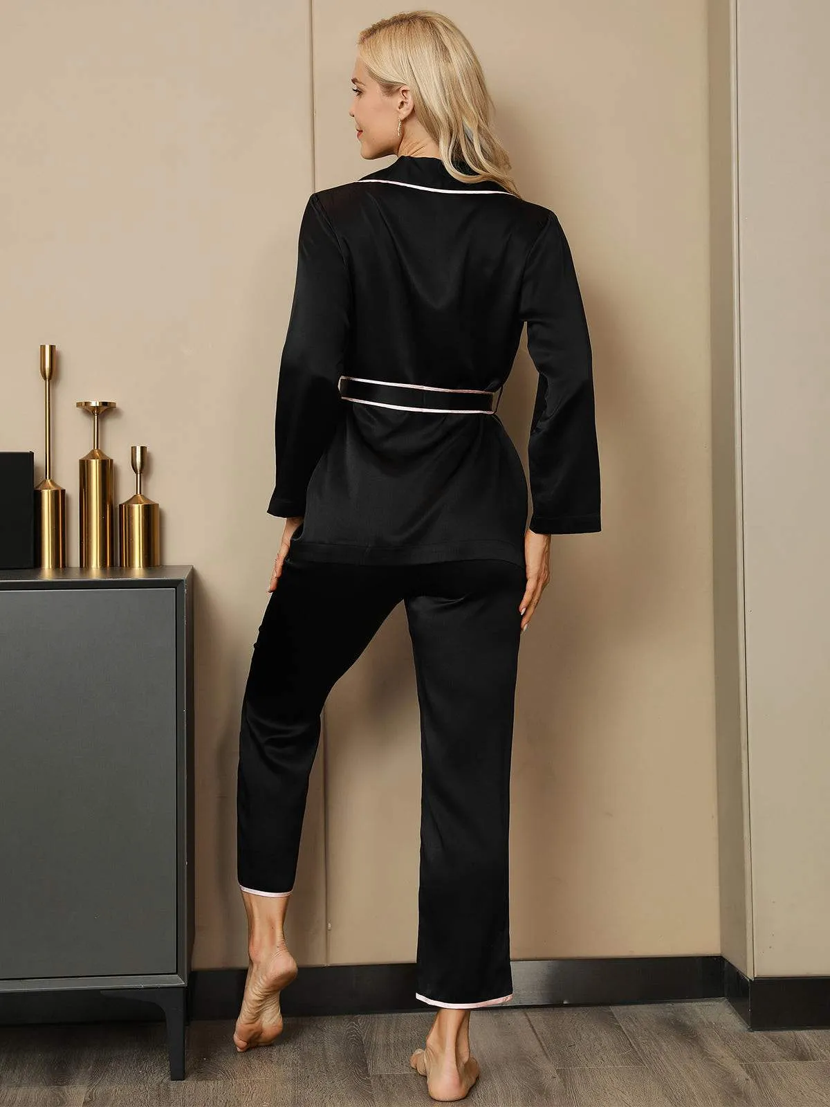 Clearance - 19Momme Contrast Trim Belted Silk Pajama Set