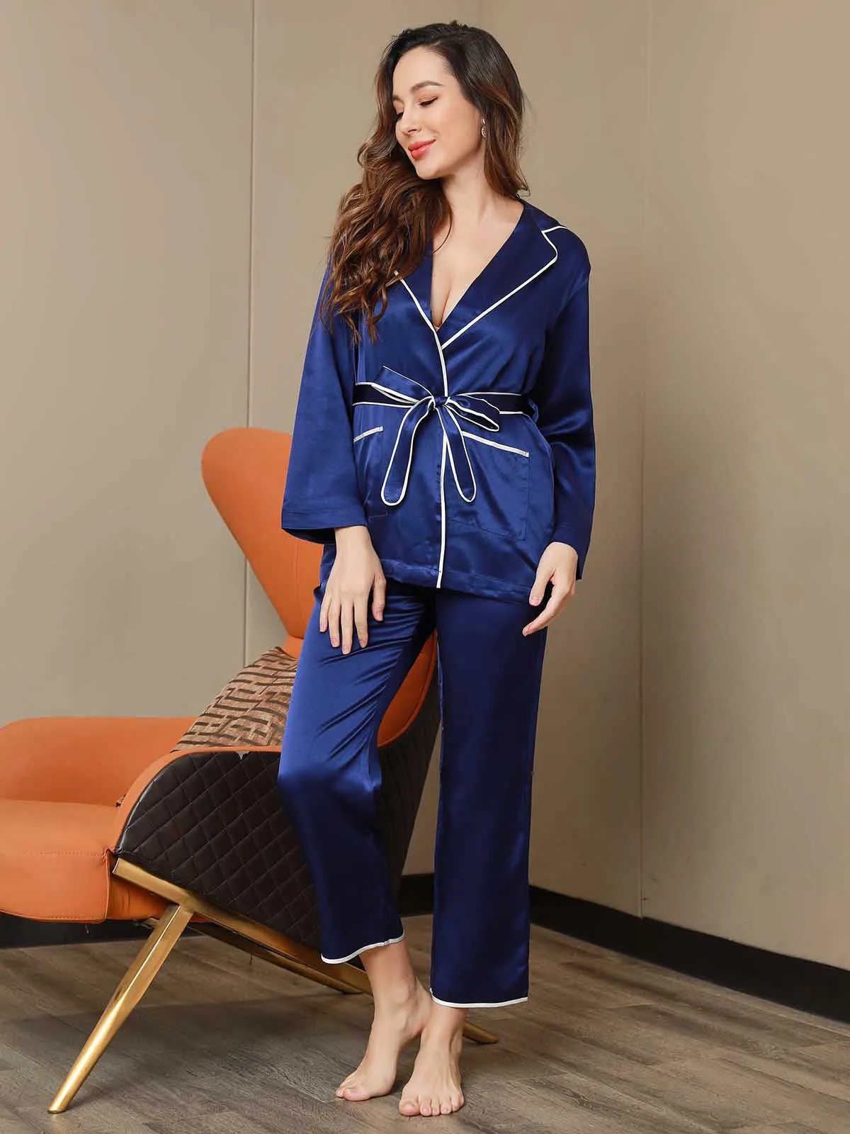 Clearance - 19Momme Contrast Trim Belted Silk Pajama Set
