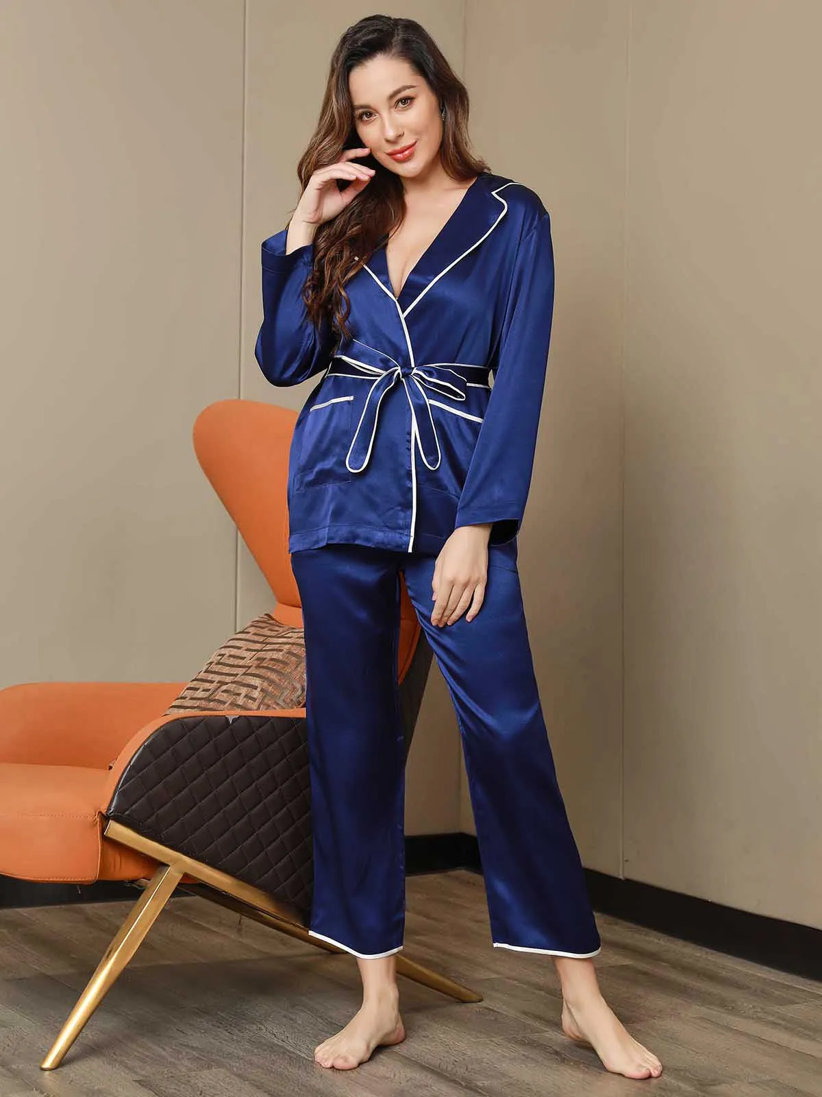 Clearance - 19Momme Contrast Trim Belted Silk Pajama Set