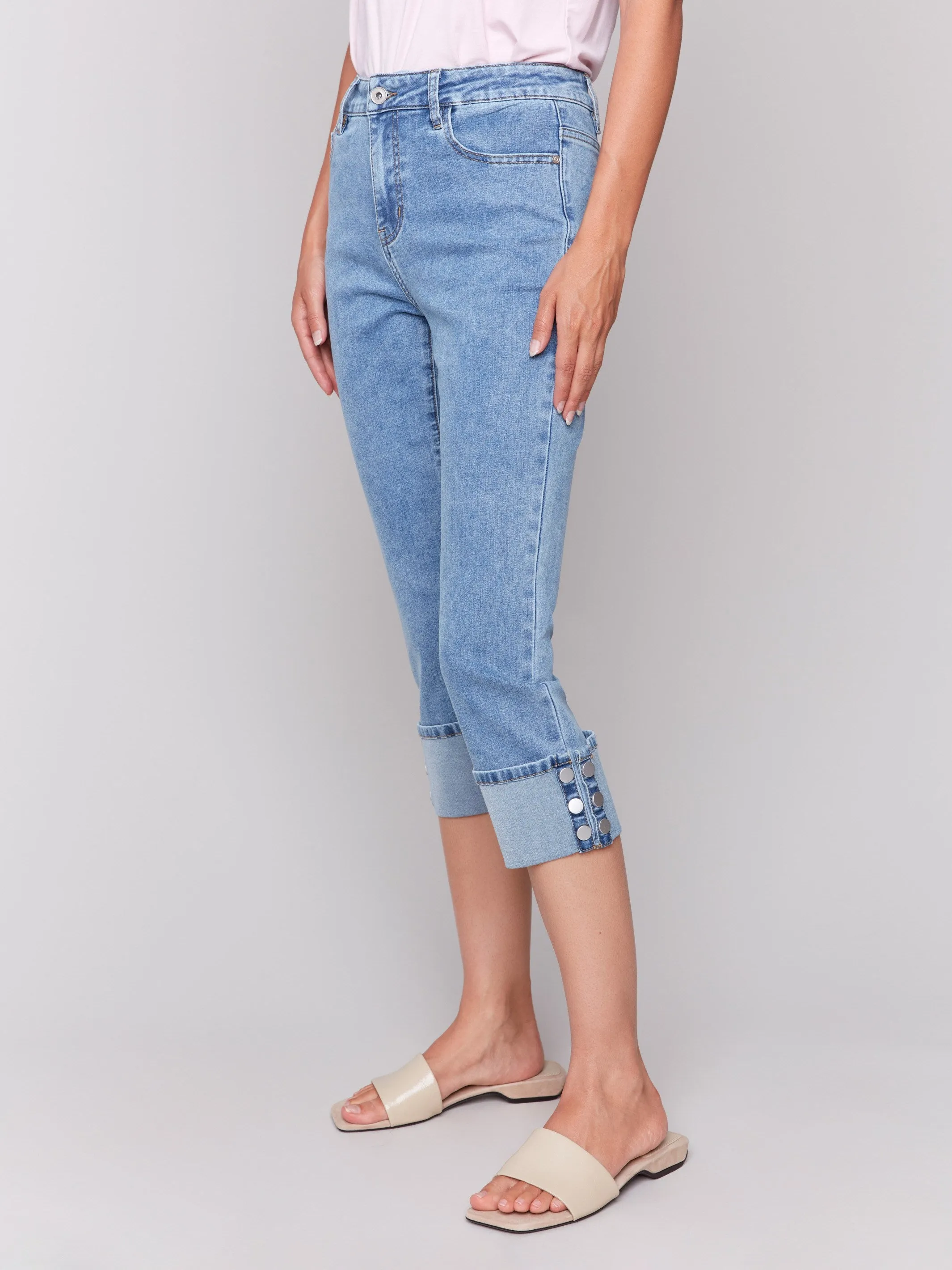 Cropped Jeans with Snap Button Cuff Detail - Light Blue