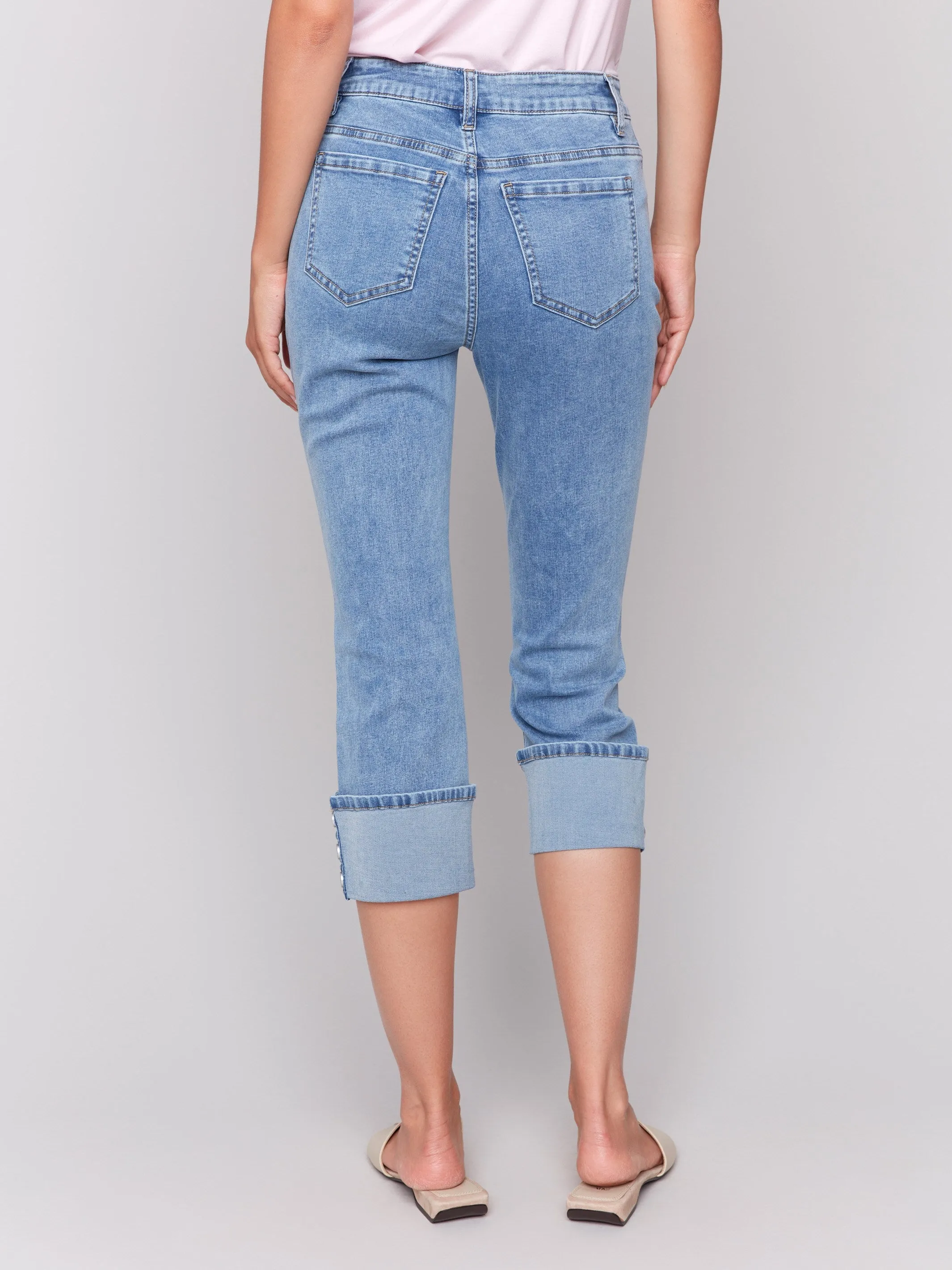 Cropped Jeans with Snap Button Cuff Detail - Light Blue