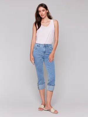 Cropped Jeans with Snap Button Cuff Detail - Light Blue