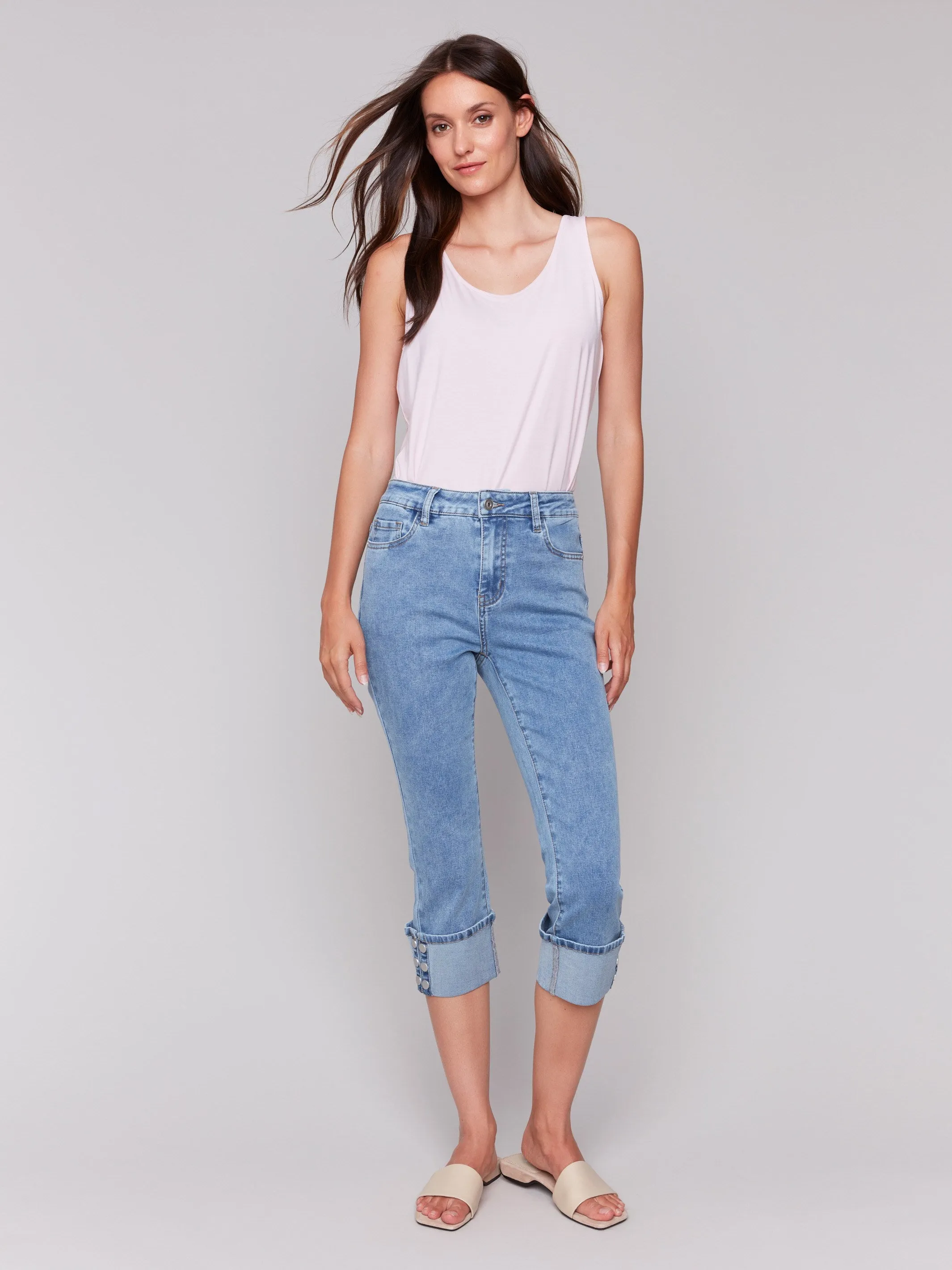 Cropped Jeans with Snap Button Cuff Detail - Light Blue