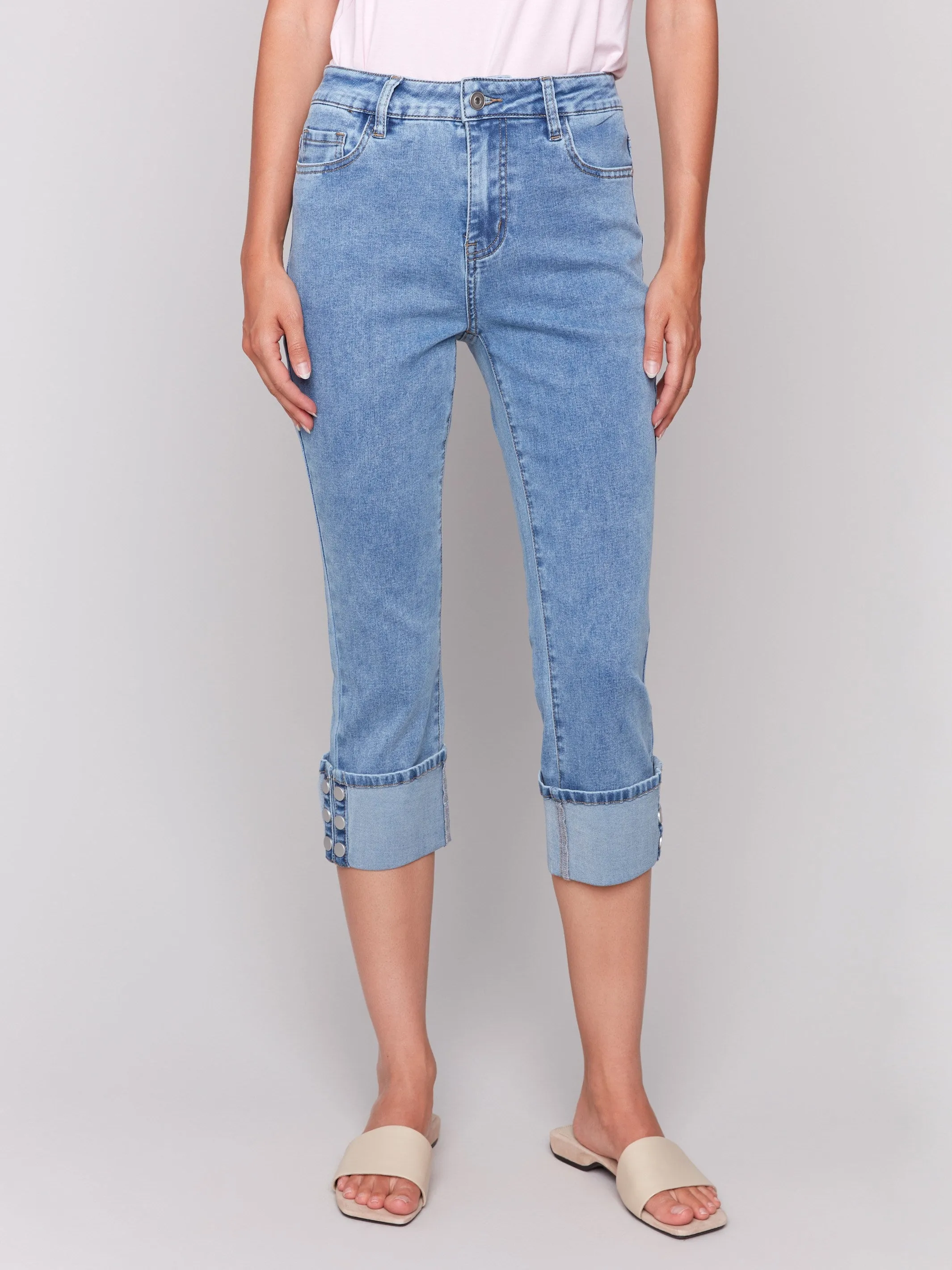 Cropped Jeans with Snap Button Cuff Detail - Light Blue
