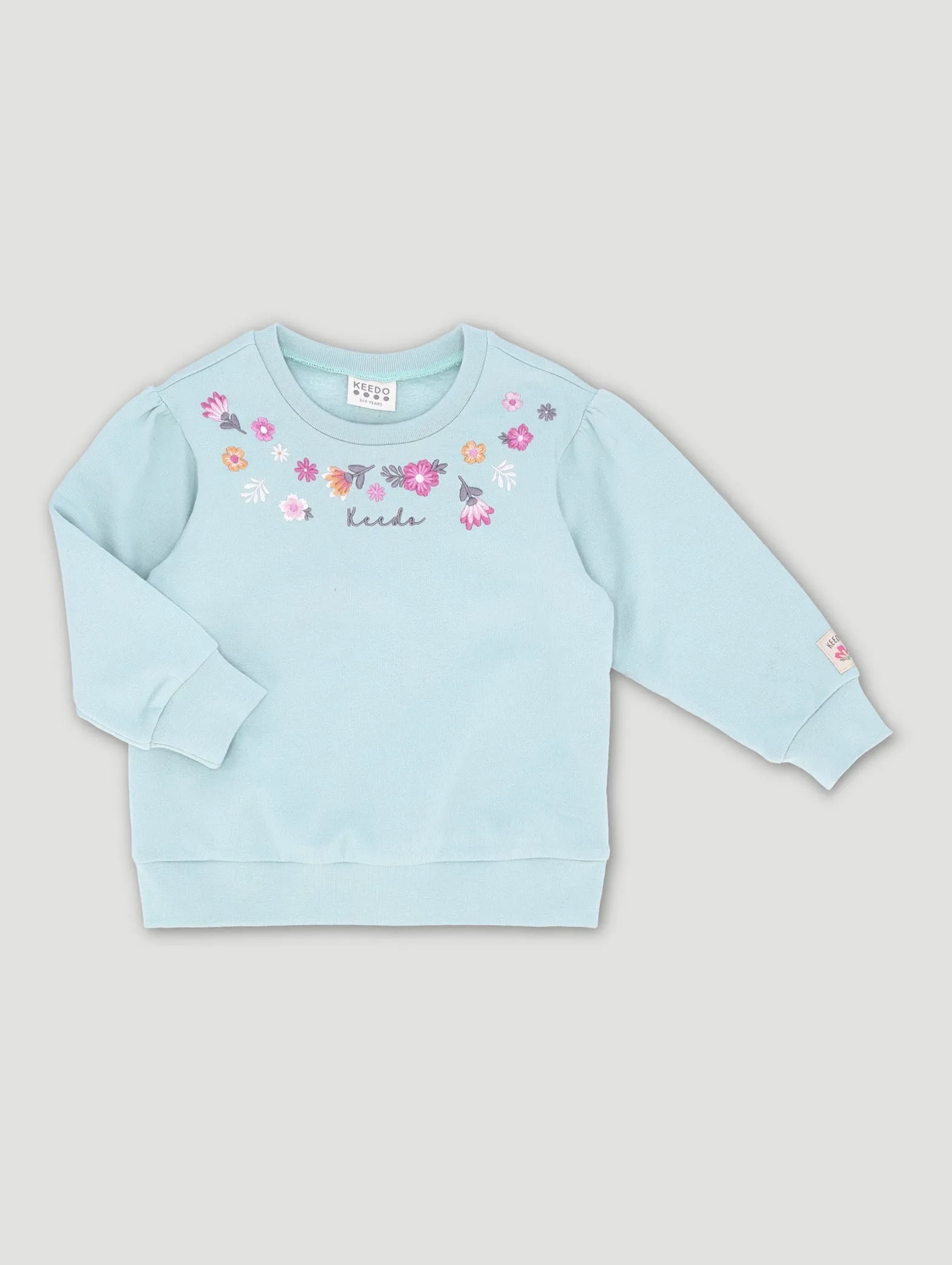 Keedo Girls Mint Logo Sweat Top with Embroidered Flower Details