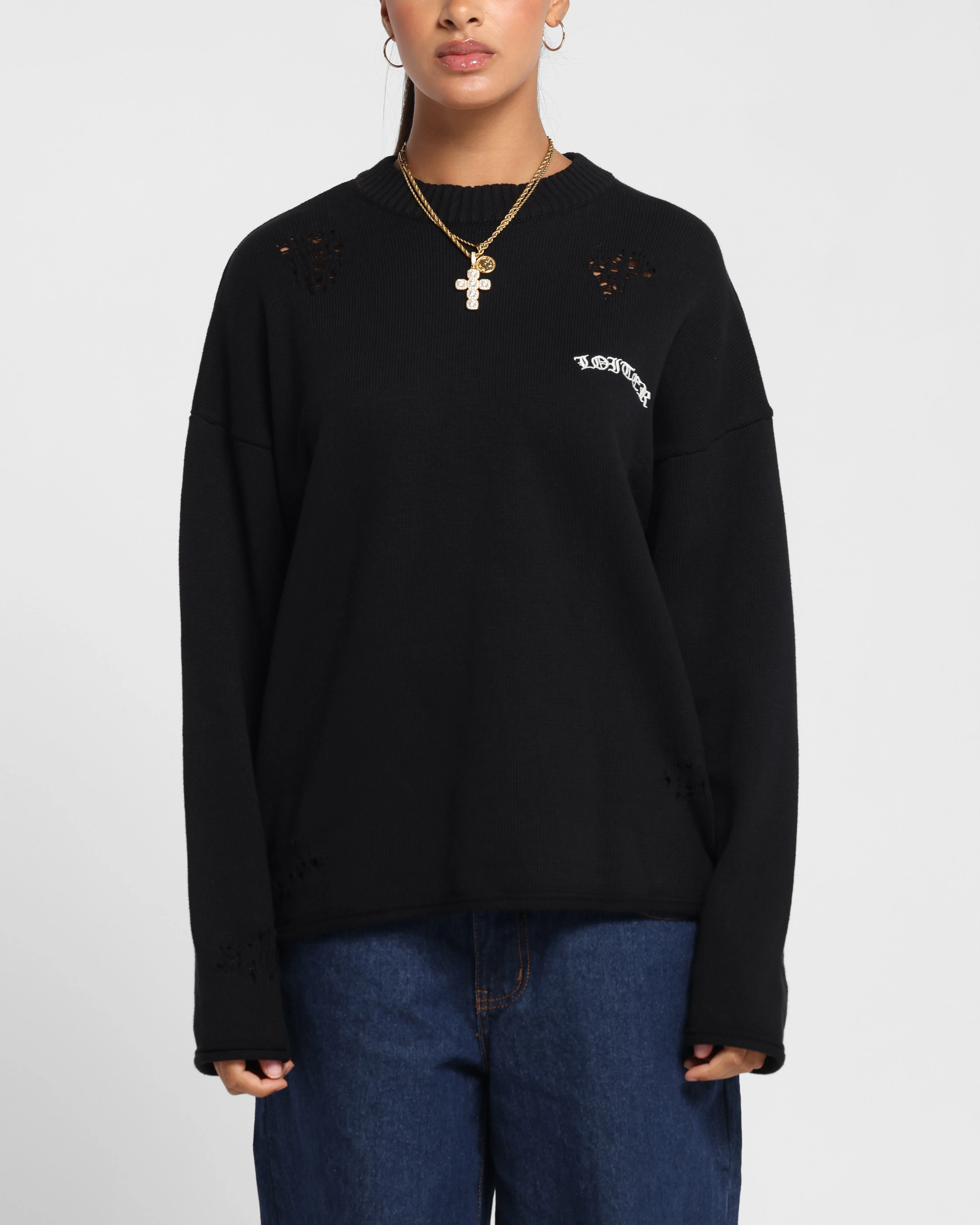 Loiter Chopper Long Sleeve Knitted Sweater Black