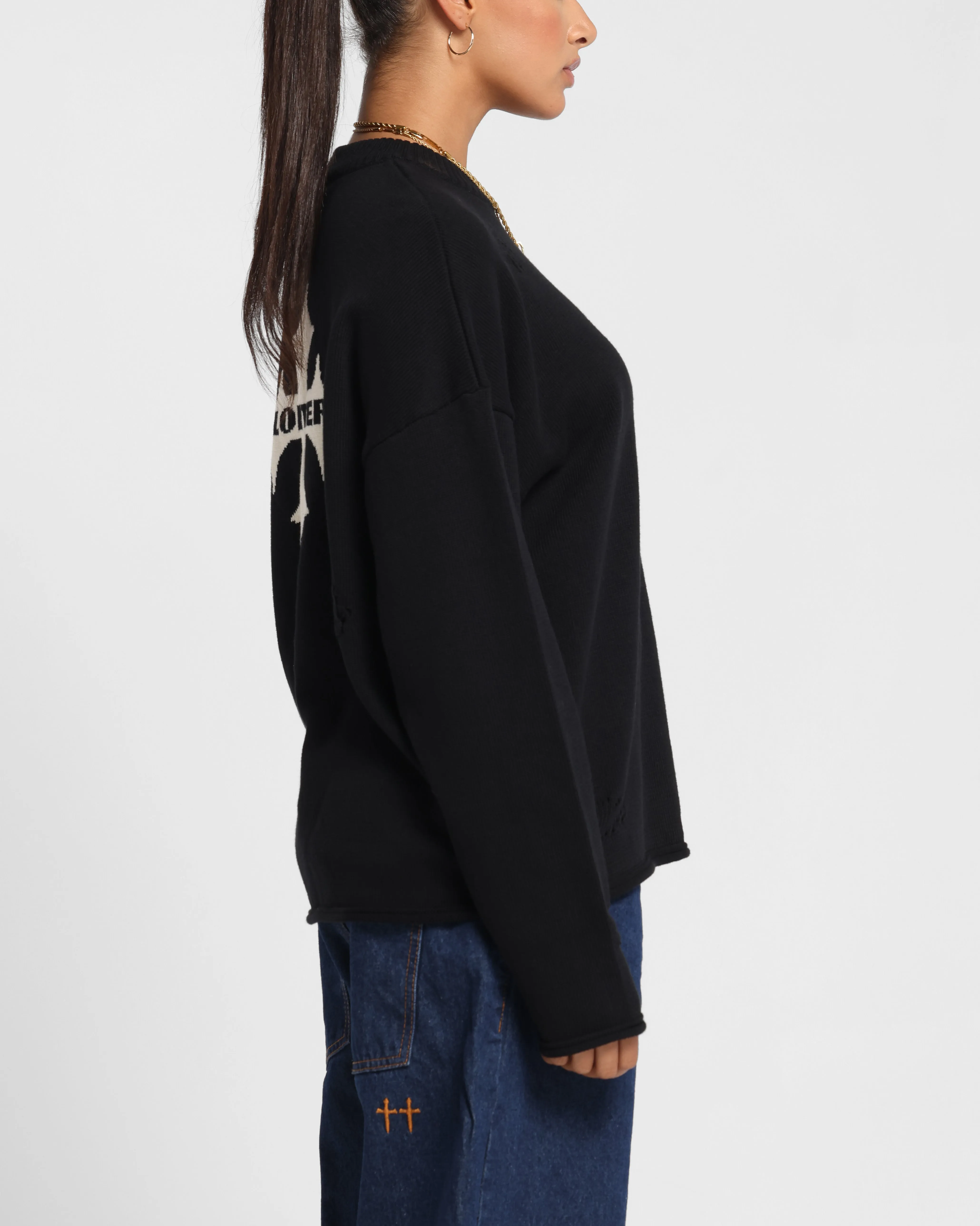 Loiter Chopper Long Sleeve Knitted Sweater Black