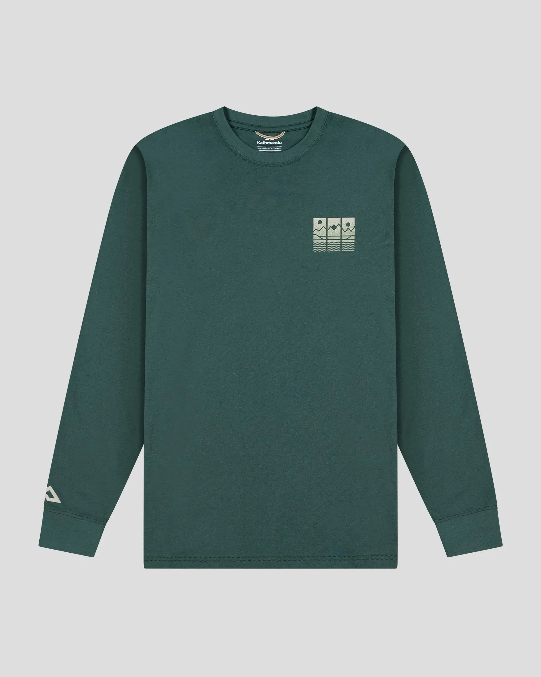 Men's Mountain Triptych Organic Cotton Long Sleeve T-shirt - Deep Forest
