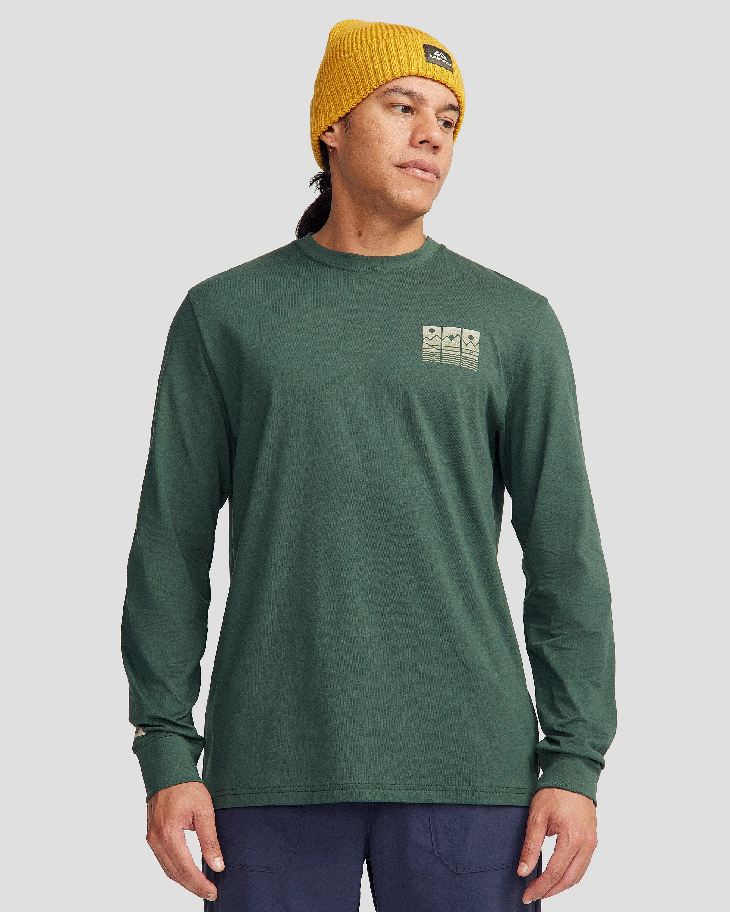 Men's Mountain Triptych Organic Cotton Long Sleeve T-shirt - Deep Forest