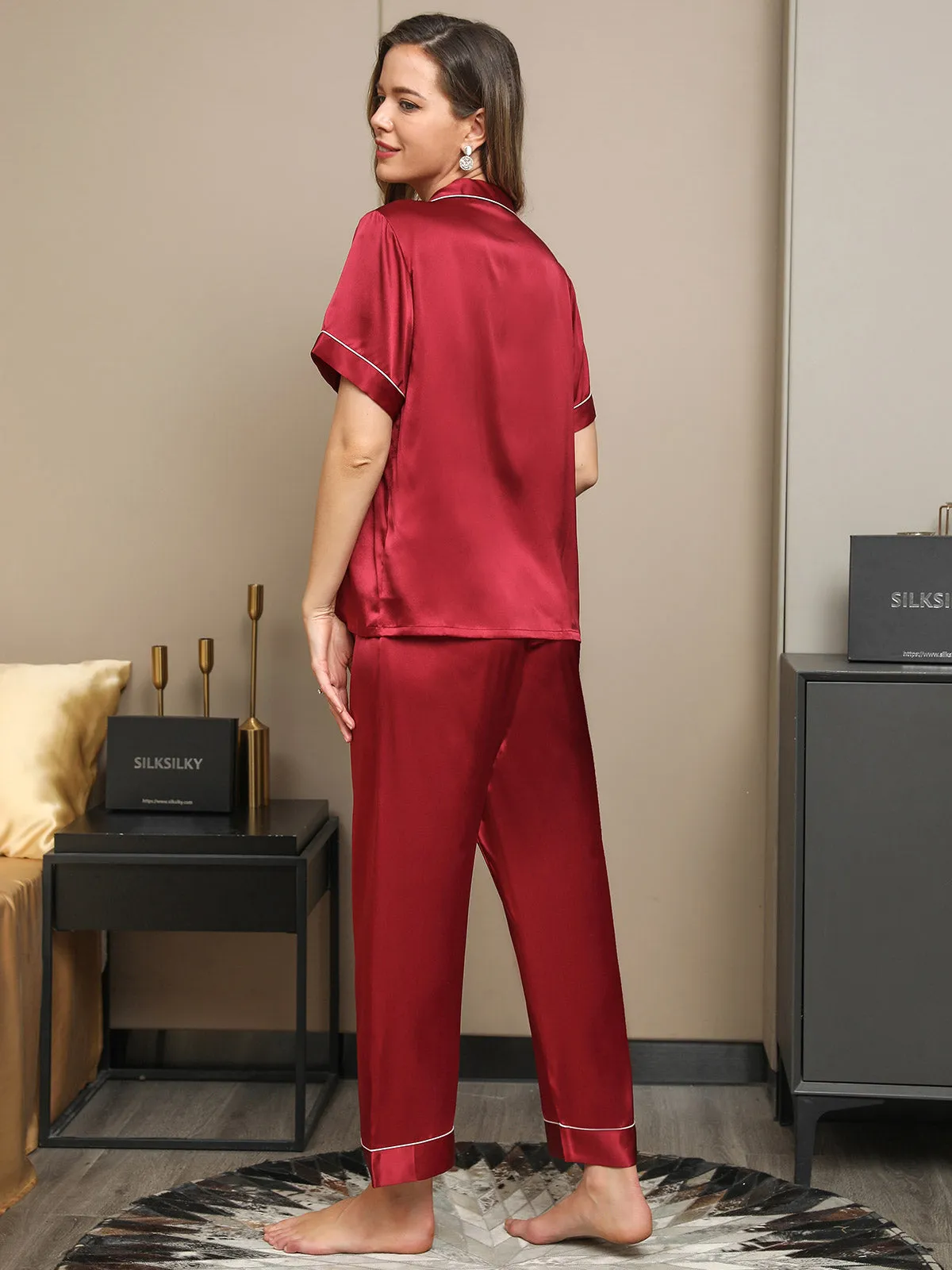 Piping Trim Pure Silk Pajamas Set 2Pcs