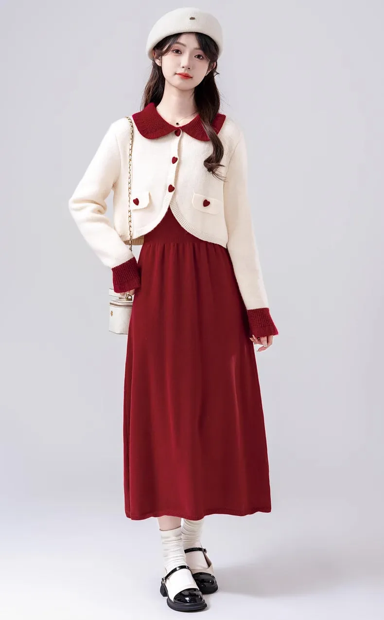 Sweetheart Cropped Cardigan (White/Red)