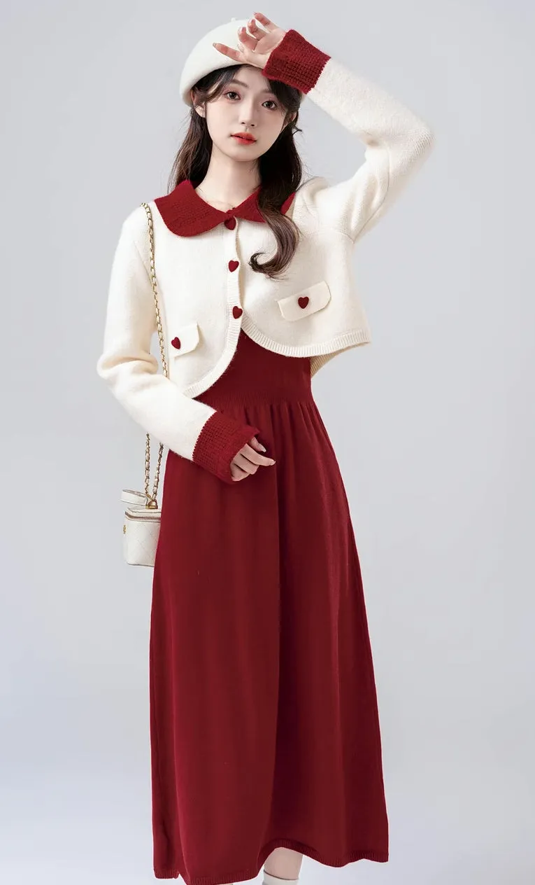 Sweetheart Cropped Cardigan (White/Red)
