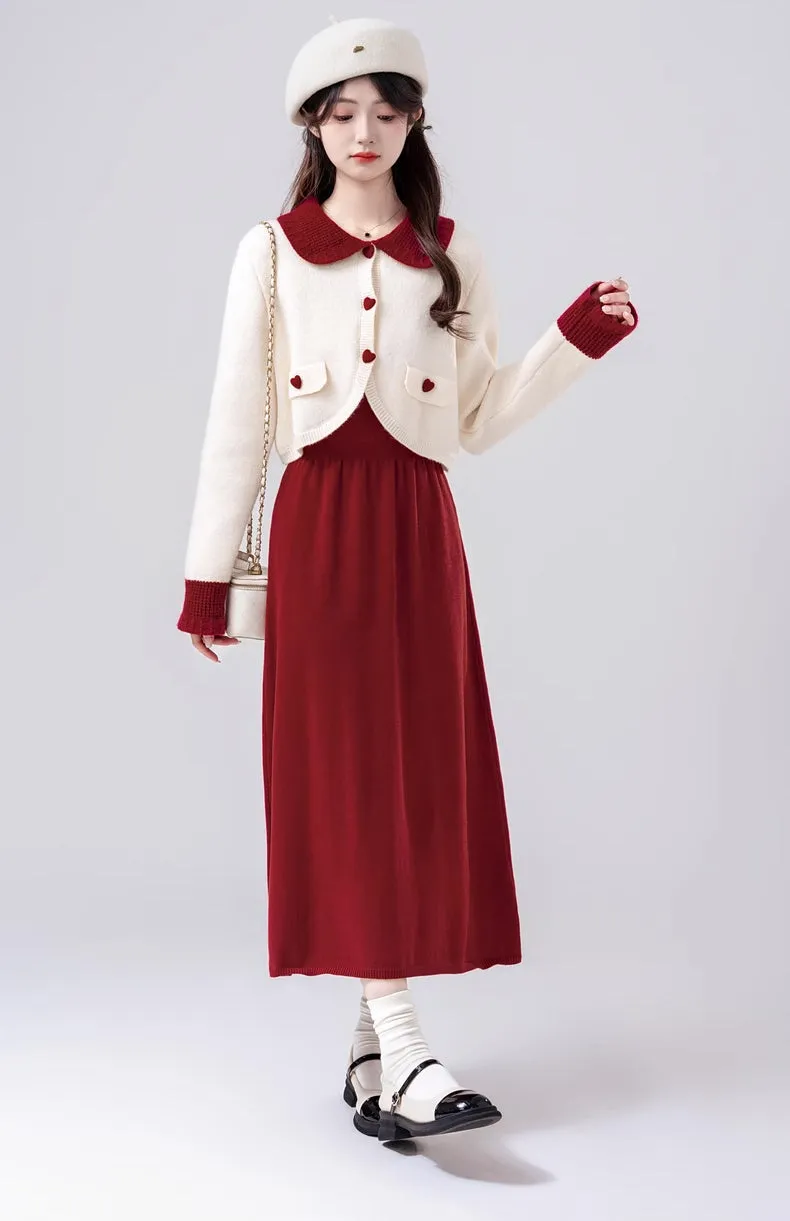 Sweetheart Cropped Cardigan (White/Red)