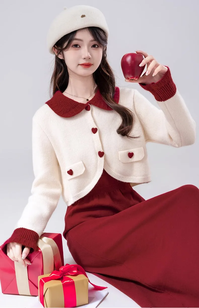 Sweetheart Cropped Cardigan (White/Red)