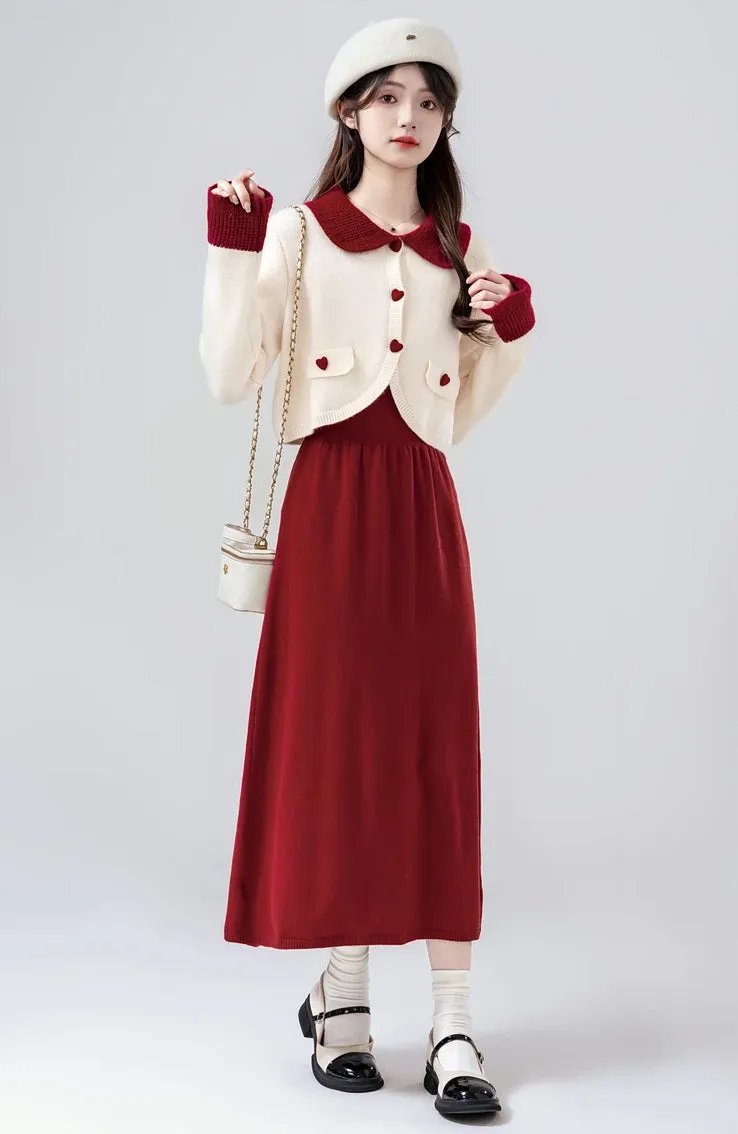Sweetheart Cropped Cardigan (White/Red)