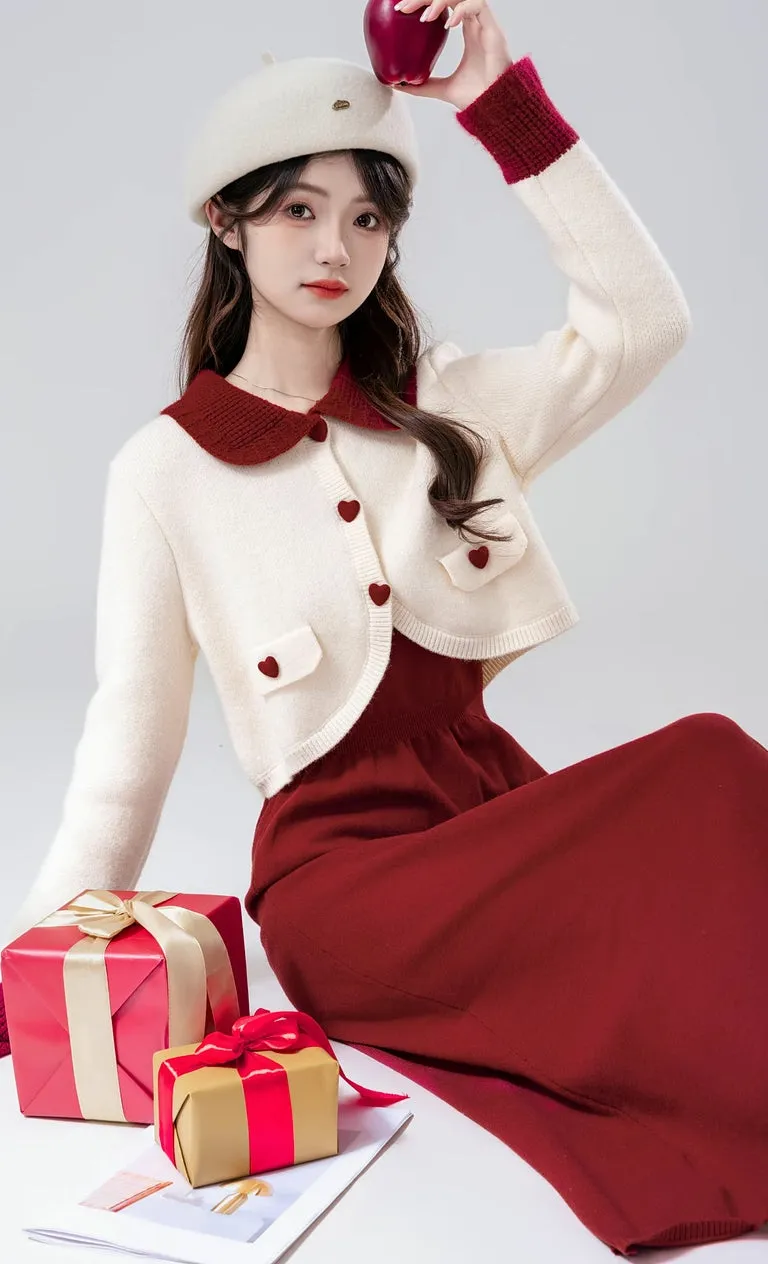 Sweetheart Cropped Cardigan (White/Red)