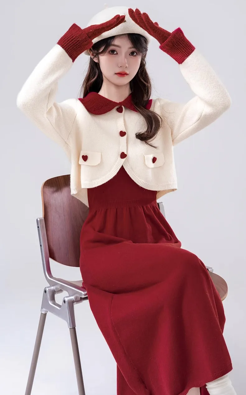 Sweetheart Cropped Cardigan (White/Red)