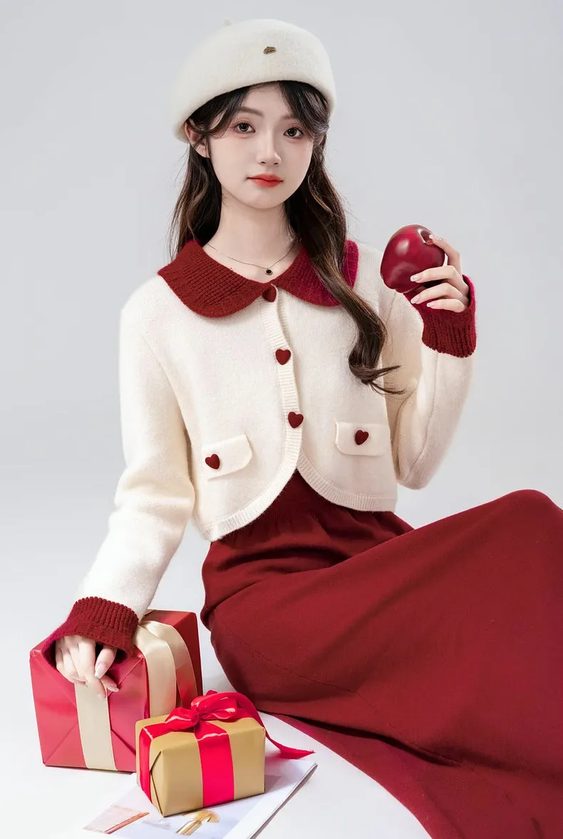 Sweetheart Cropped Cardigan (White/Red)