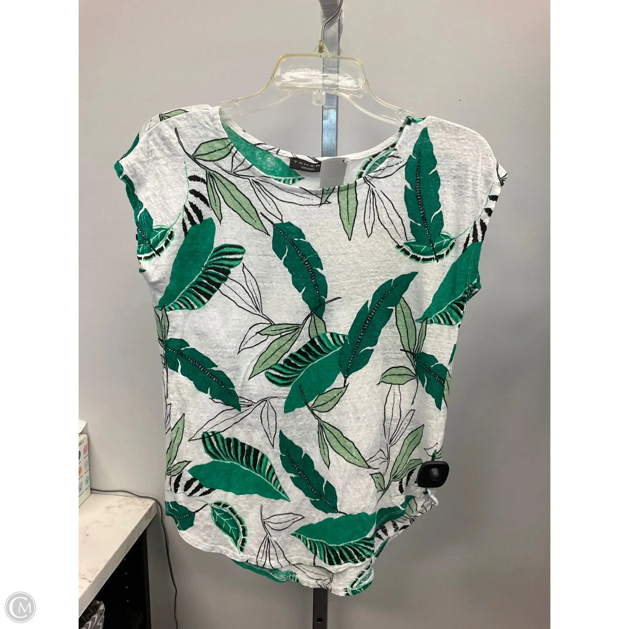 Top Short Sleeve By Tahari By Arthur Levine In Green & White, Size: M