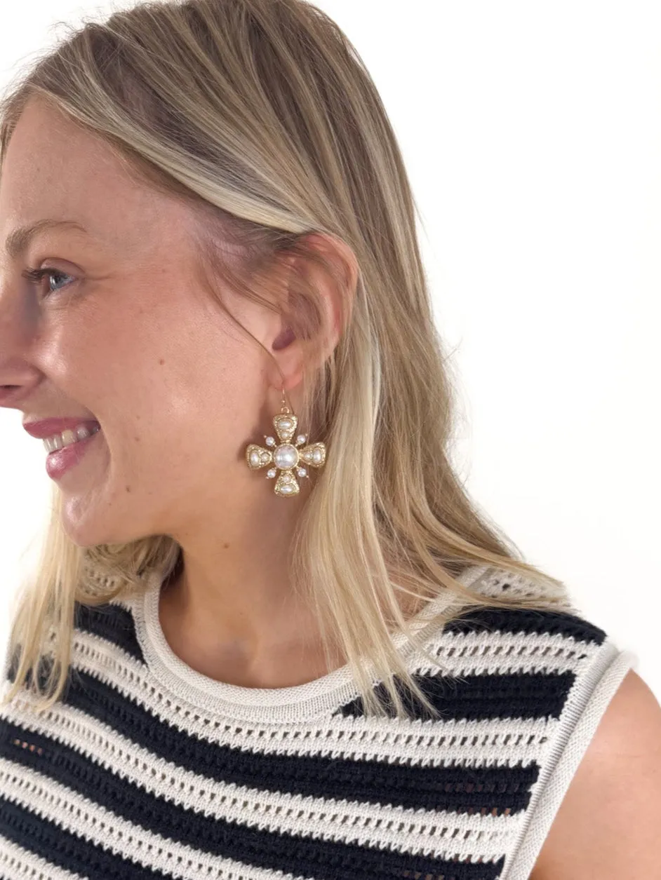 Vintage Pearl Cross Earrings