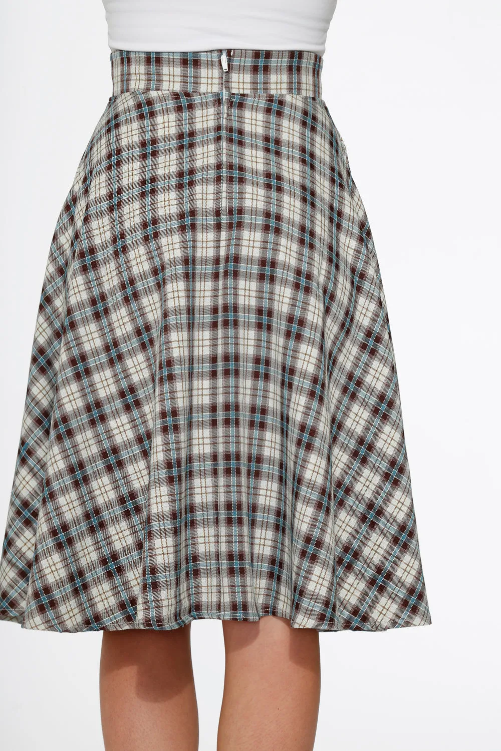 White & Brown Plaid Swing Skirt