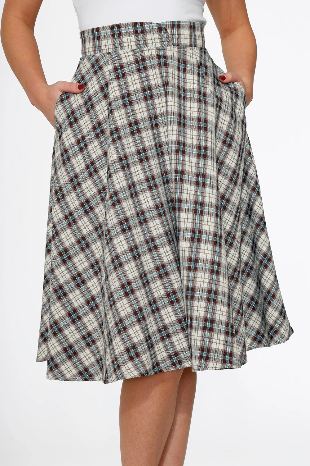 White & Brown Plaid Swing Skirt