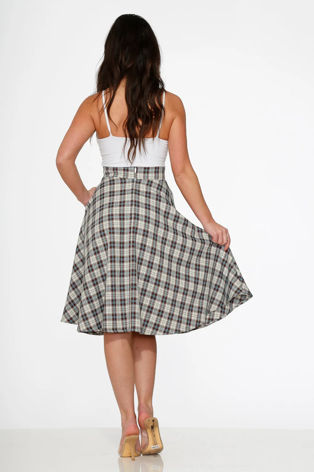 White & Brown Plaid Swing Skirt