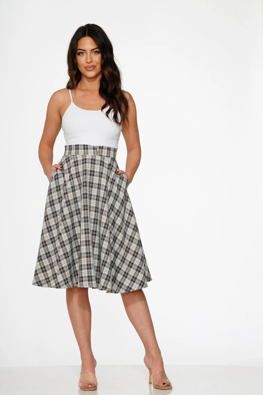 White & Brown Plaid Swing Skirt