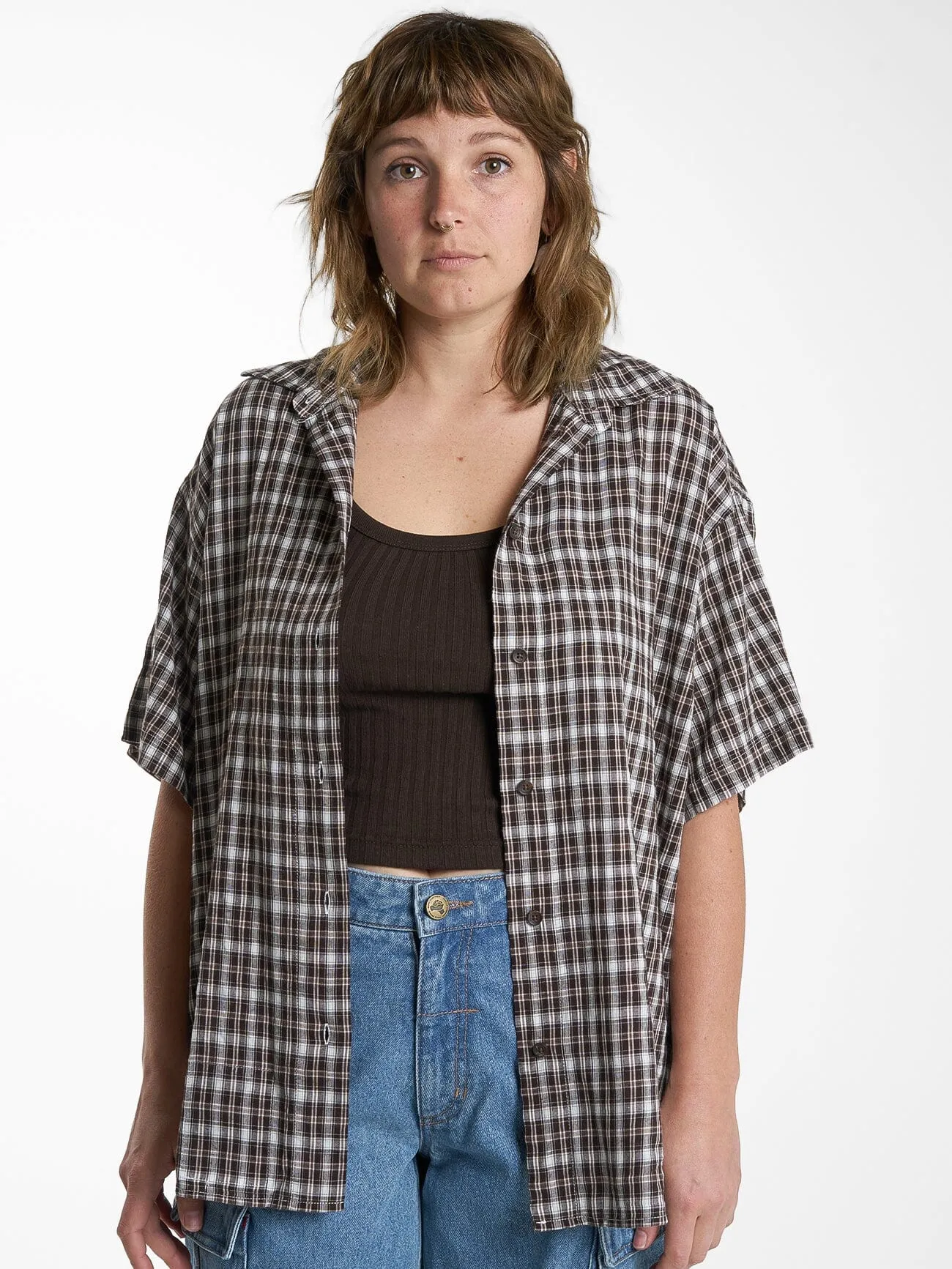 Womens Hard Yakka X Thrills Short Sleeve Check Shirt - Postal Brown